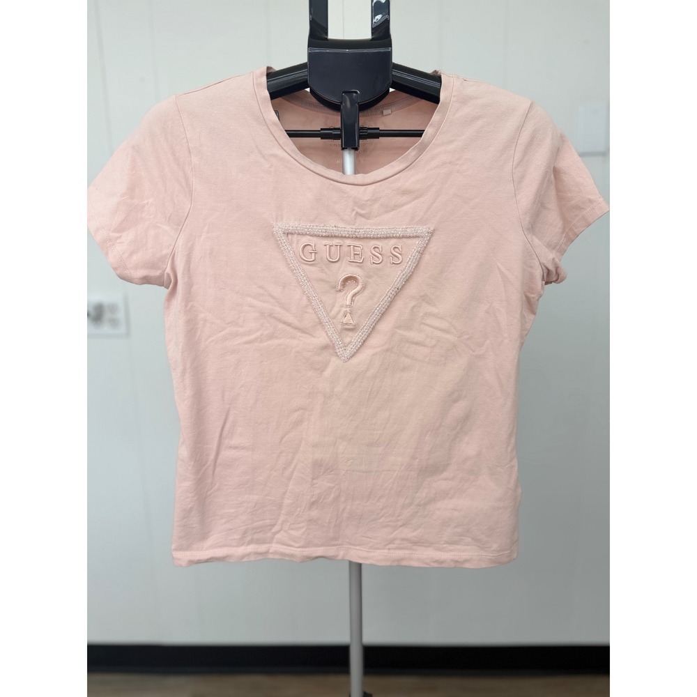 Guess T-Shirt Womens XL Pink Good Beaded Embroidered Triangle Logo Tee